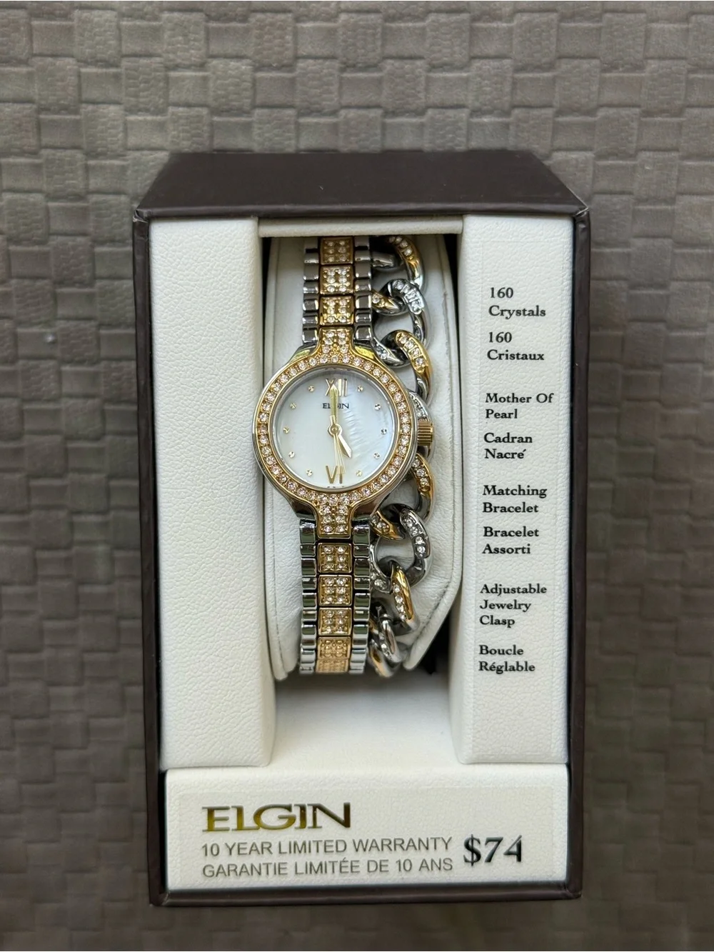 Elgin Two-Tone Crystal Accent Ladies Watch Bracelet set- Gold & Silver New